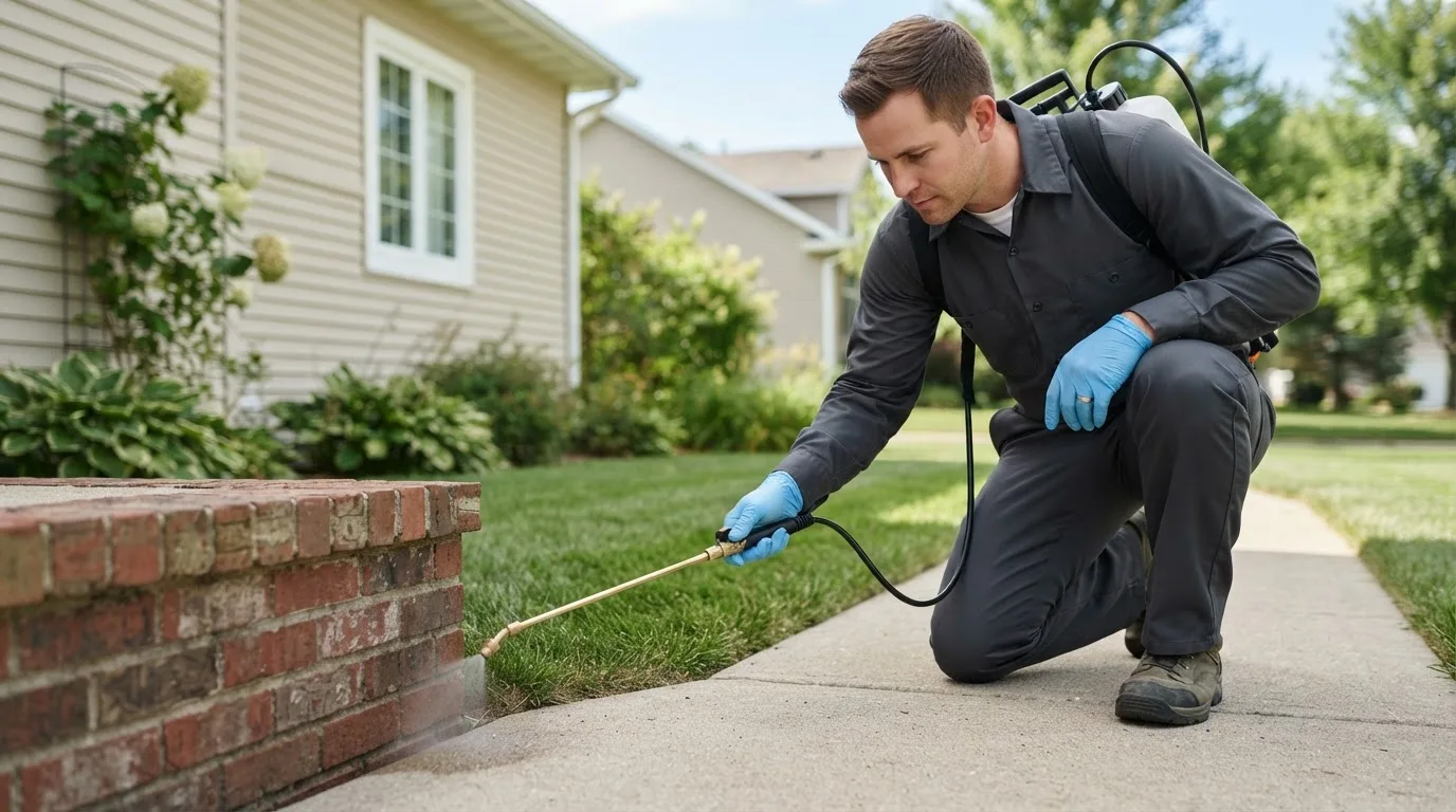 Pest control technician treating a home near Bloomfield, IA