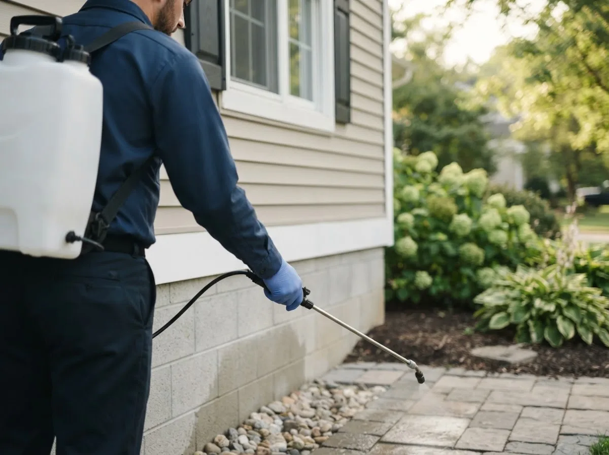 Pest control technician inspecting a home in Bloomfield, IA